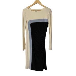 Lauren Ralph Lauren Colorblock Ruched Dress Size 8 Black Cream Gray Stretch Chic